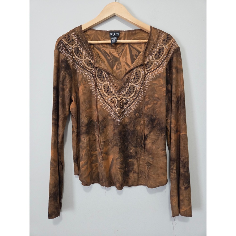 Mixit Brown Tie Dye Beaded Mesh Long Sleeve Top Womens XL Boho V-Neck Blouse